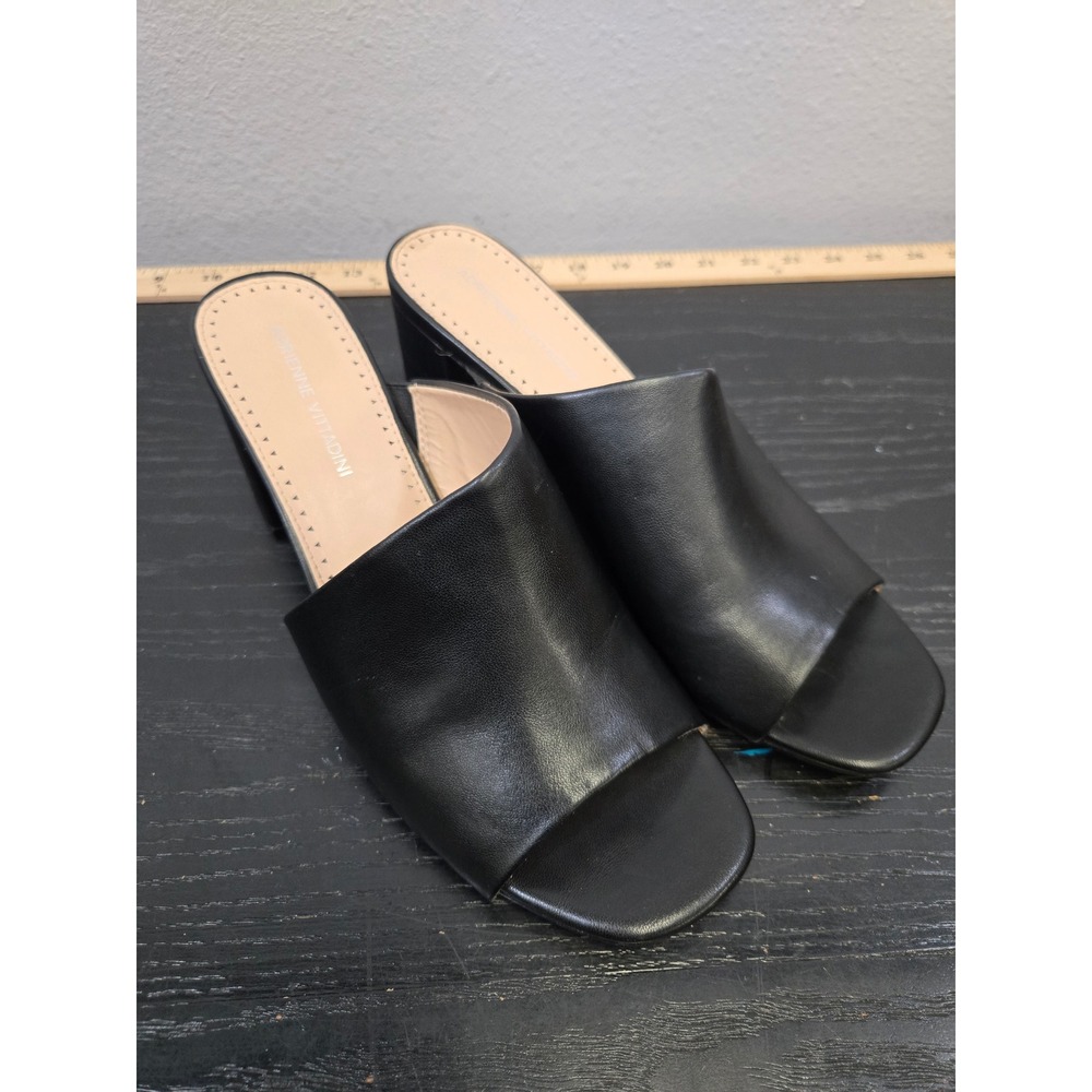 Adrienne Vittadini Black Leather Open Toe Block Heel Mule Sandals 10M